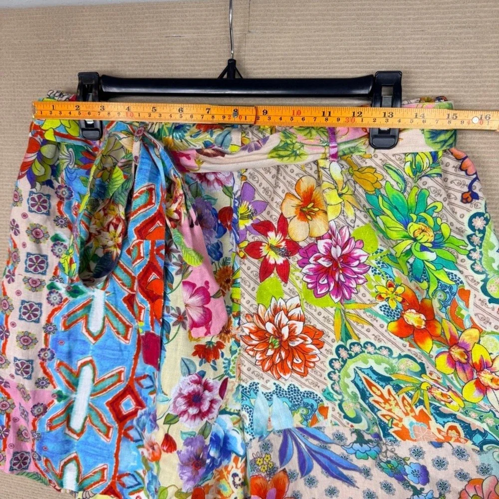 Johnny Was Workshop Floral Patchwork High Rise Belted Shorts Multi Color Boho L